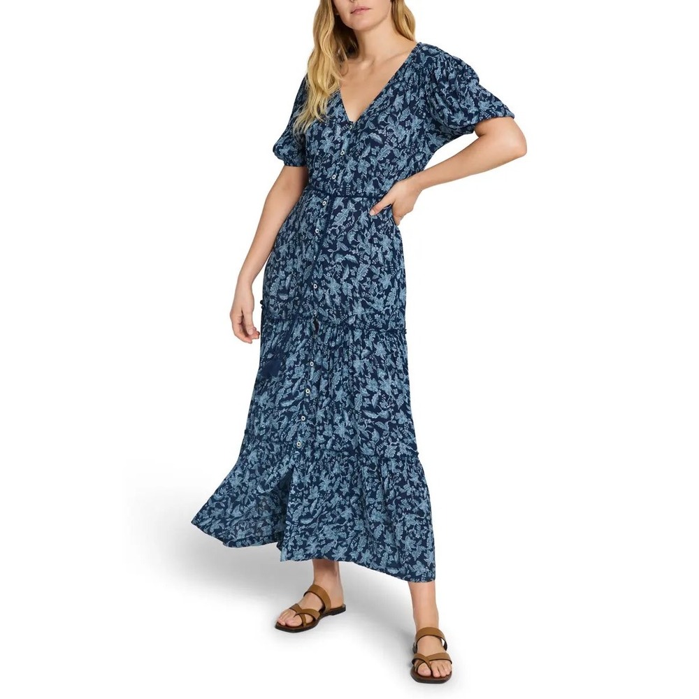 Faherty Isha Dress Navy Blue Floral Tiered Maxi Short Puff Sleeve Tassel Belt M
